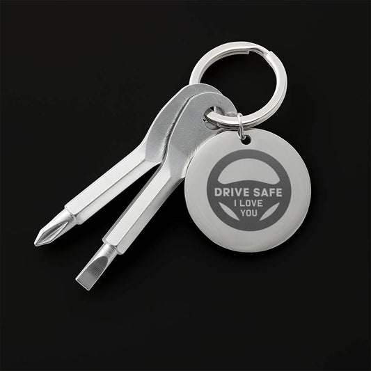 Drive Safe - Custom Engraved Screwdriver Keychain Gift - Father's Day Gift - Tools - Silver Black Keychain