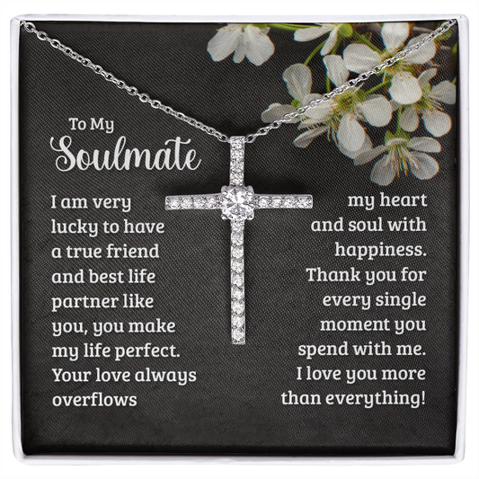 Soulmate - I Love You - Wife, Girlfriend, Anniversary, CZ Cross Necklace for Women, Female Gift