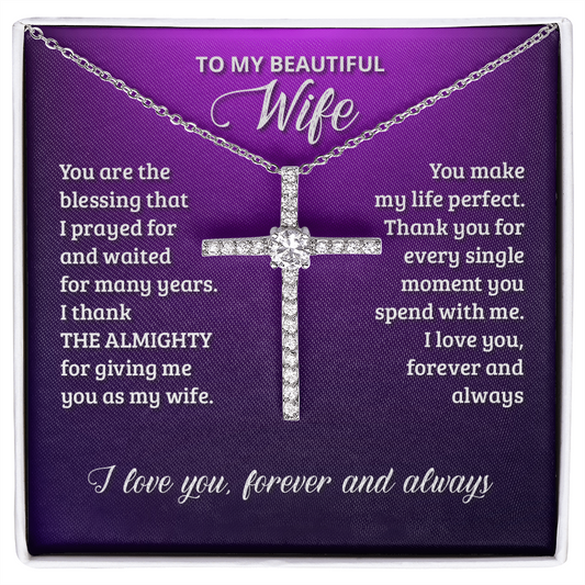 Wife - You Are the Blessing - Birthday, Anniversary, Mother's Day CZ Cross Necklace Gift, Women, Females