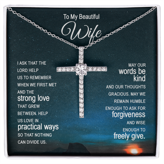 Wife - Remember When We First Met - Birthday, Anniversary, Mother's Day, CZ Cross Necklace Gift, Women, Females