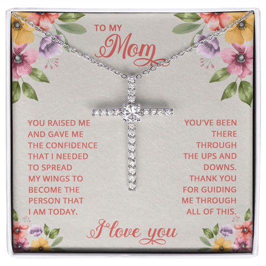 Mom - Thank You for Guiding Me - Mother's Day, Christmas CZ Cross Necklace for Women, Female Gift