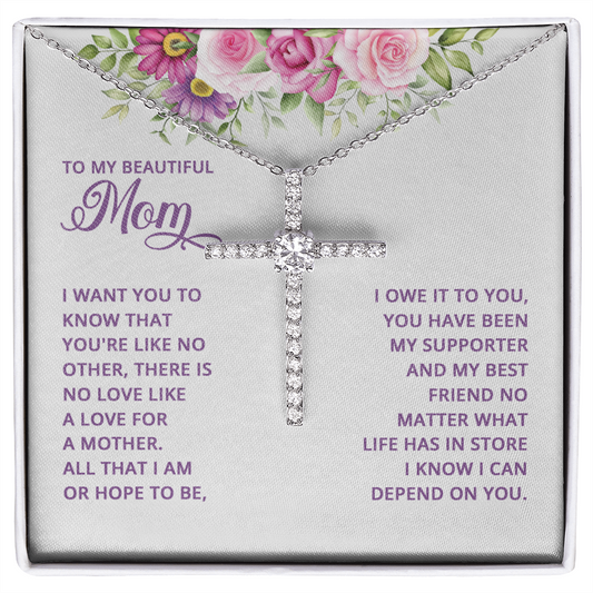 Mom - You're like No Other - Mother's Day, Christmas, CZ Cross Necklace for Women, Female Gift