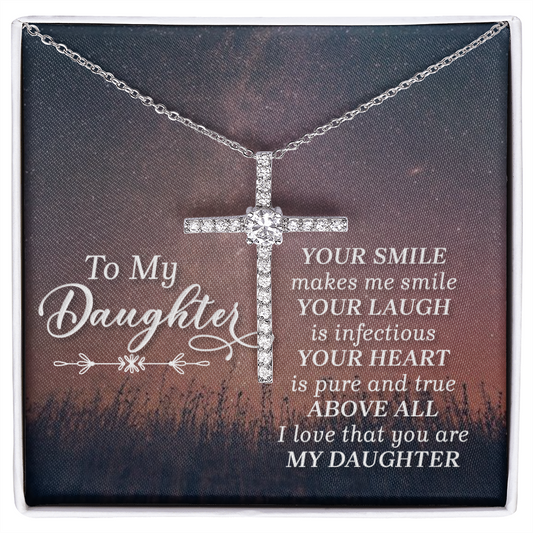 Daughter - Your Smile - Birthday, Christmas, CZ Cross Necklace Gift for Women, Teen Girls, Females