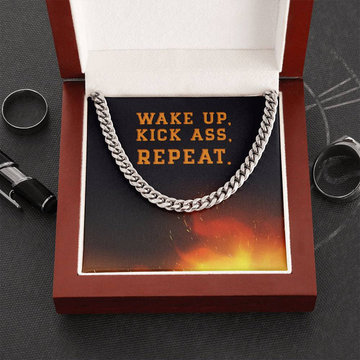 Wake up, kick ass, REPEAT Cuban Link Chain Xmas Christmas Gift for Boyfriend Dad Husband Brother Son Grandson Stepson