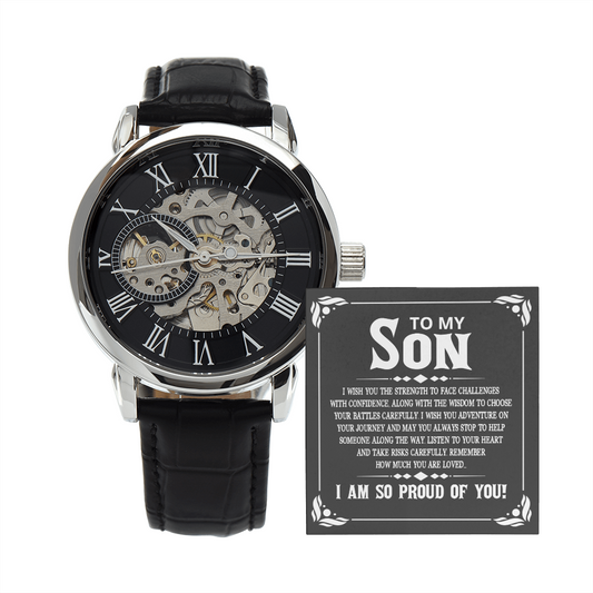 Son - So Proud of You -  Birthday, Graduation, Openwork Watch for Men, Male Gift