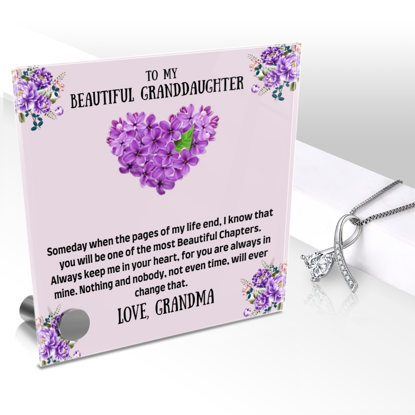 To My Granddaughter - Lumen Glass Message Display Stand with Necklace, Gifts for Granddaughters, Granddaughter Necklace, For Granddaughters