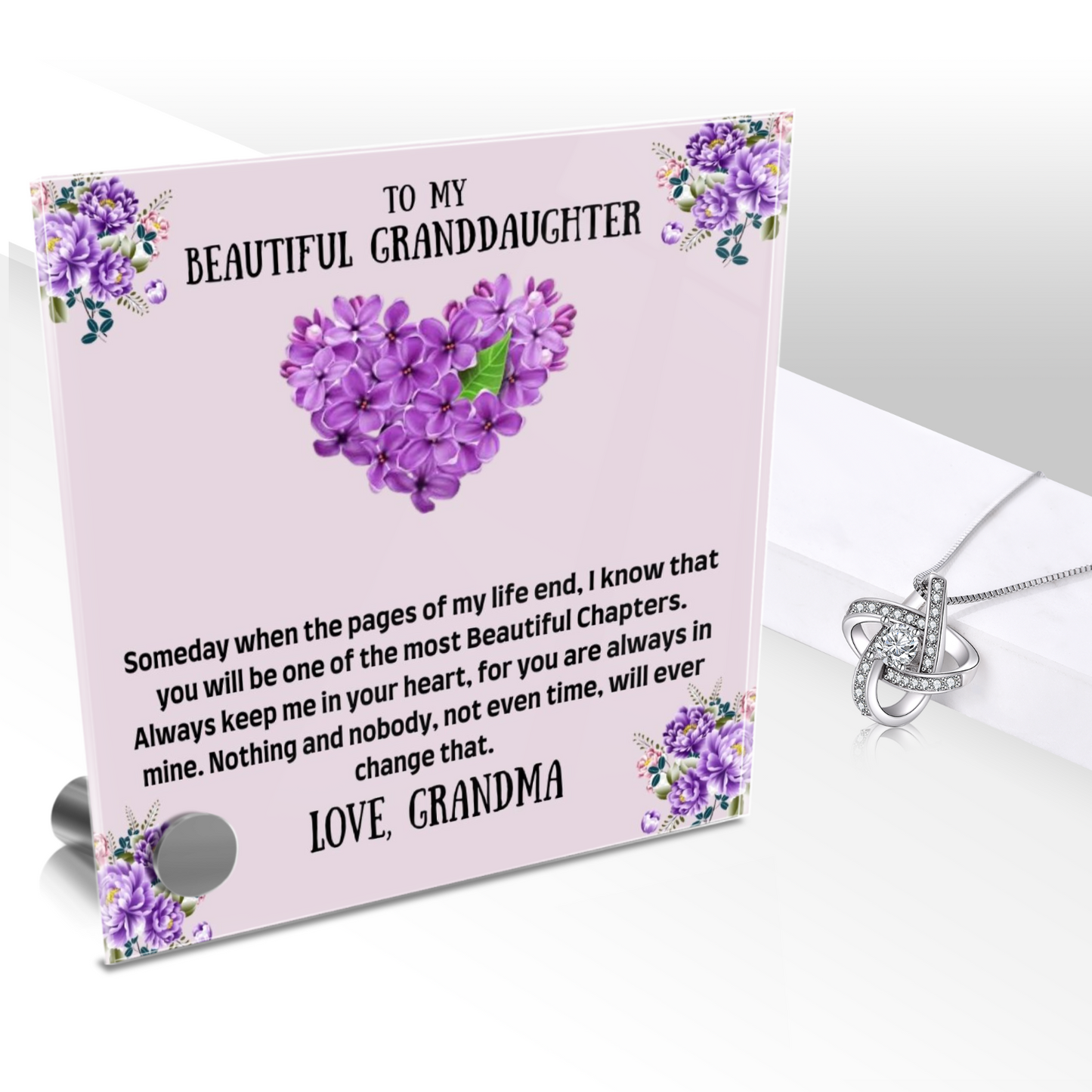 To My Granddaughter - Lumen Glass Message Display Stand with Necklace, Gifts for Granddaughters, Granddaughter Necklace, For Granddaughters