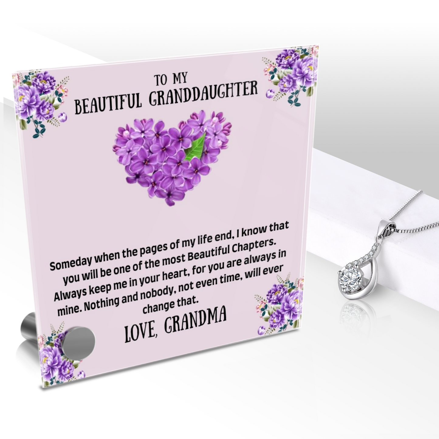 To My Granddaughter - Lumen Glass Message Display Stand with Necklace, Gifts for Granddaughters, Granddaughter Necklace, For Granddaughters